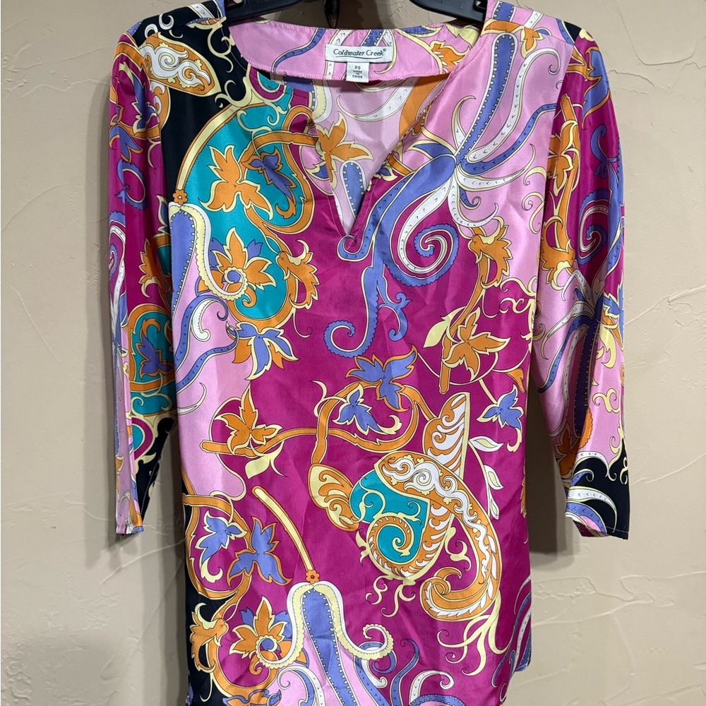 Coldwater Creek 100% Silk Blouse in Pinks & Multicolored Paisley Print PS